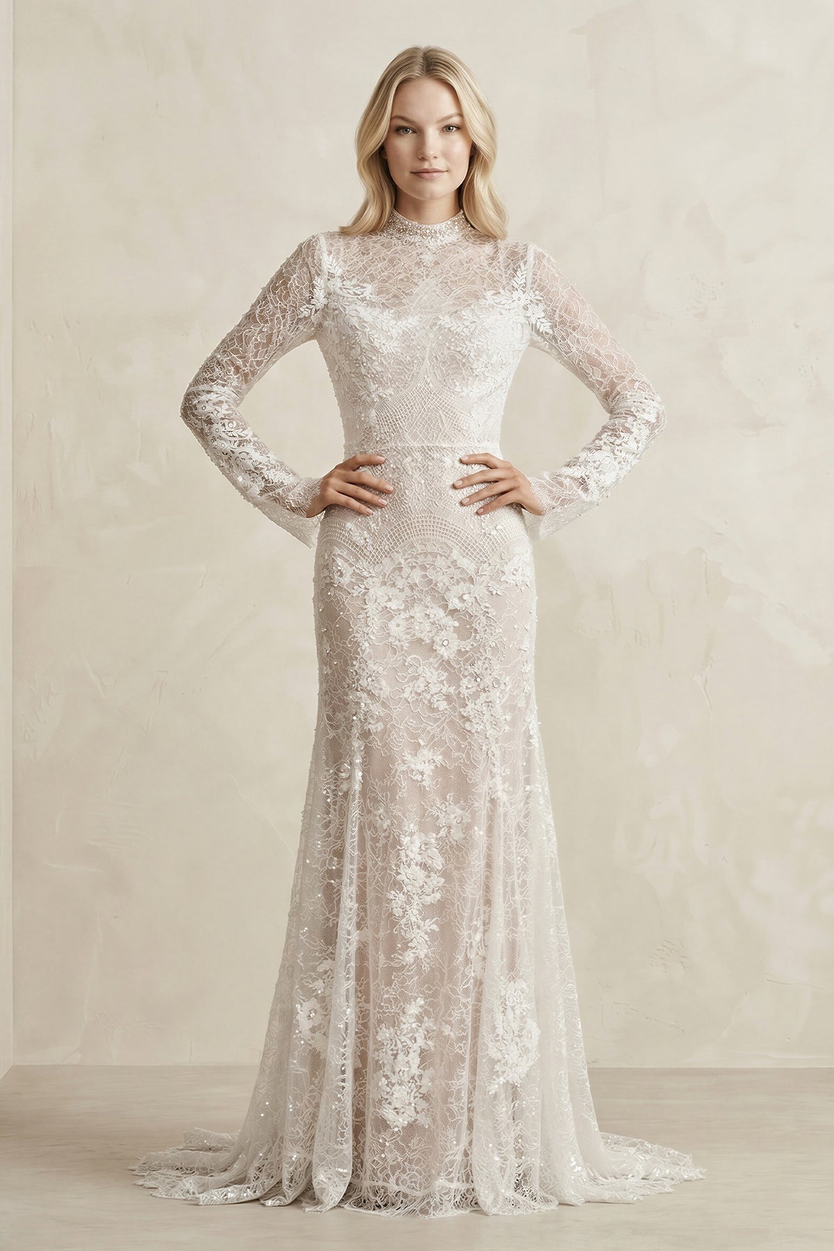 Robe de mariée blanche fourreau dentelle manches longues - Harana