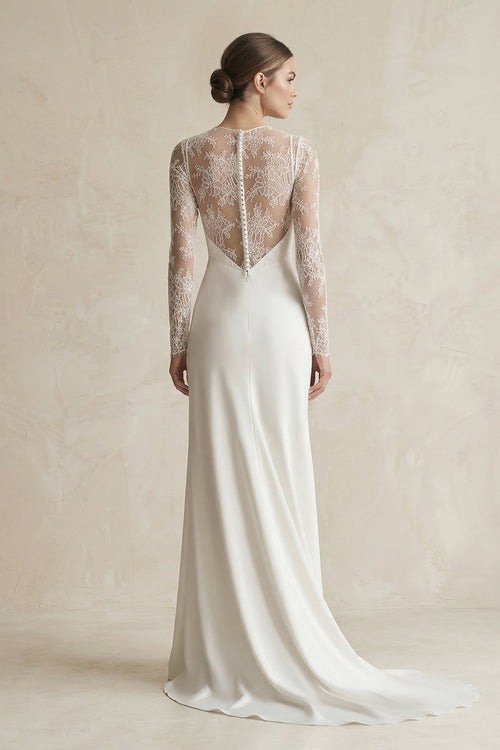 Robe de mariée blanche fourreau satinée manches longues - Harana