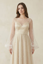 Robe de mariée blanche et nude trapèze en tulle manches longues effet - Harana