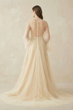 Robe de mariée blanche et nude trapèze en tulle manches longues effet - Harana