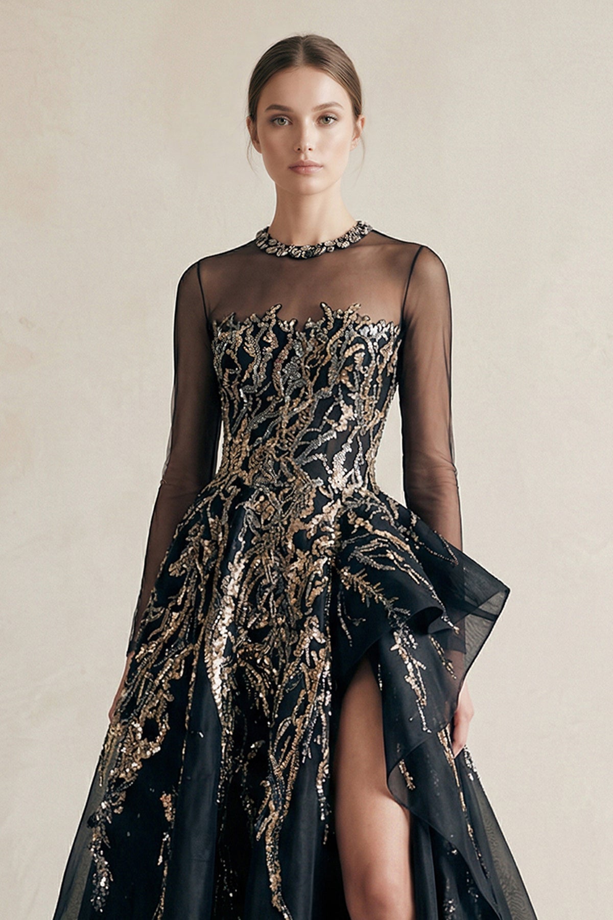 Robe de mariée noire trapèze en tulle manches longues avec fente - Harana
