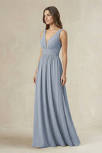 Robe demoiselle d’honneur twilight longue col V sans manches froncée - Harana