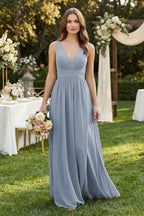 Robe demoiselle d’honneur twilight longue col V sans manches froncée - Harana