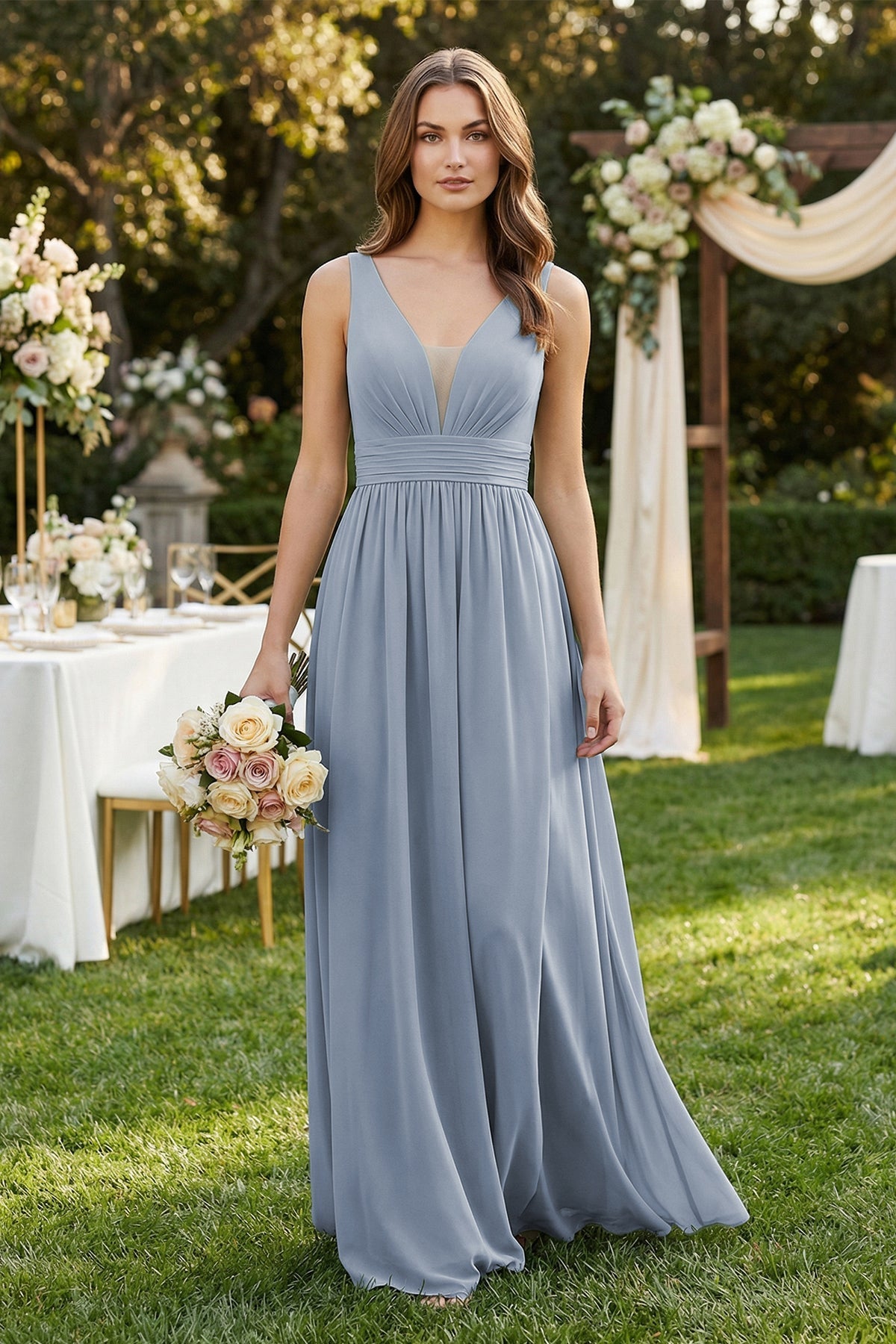 Robe demoiselle d’honneur twilight longue col V sans manches froncée - Harana