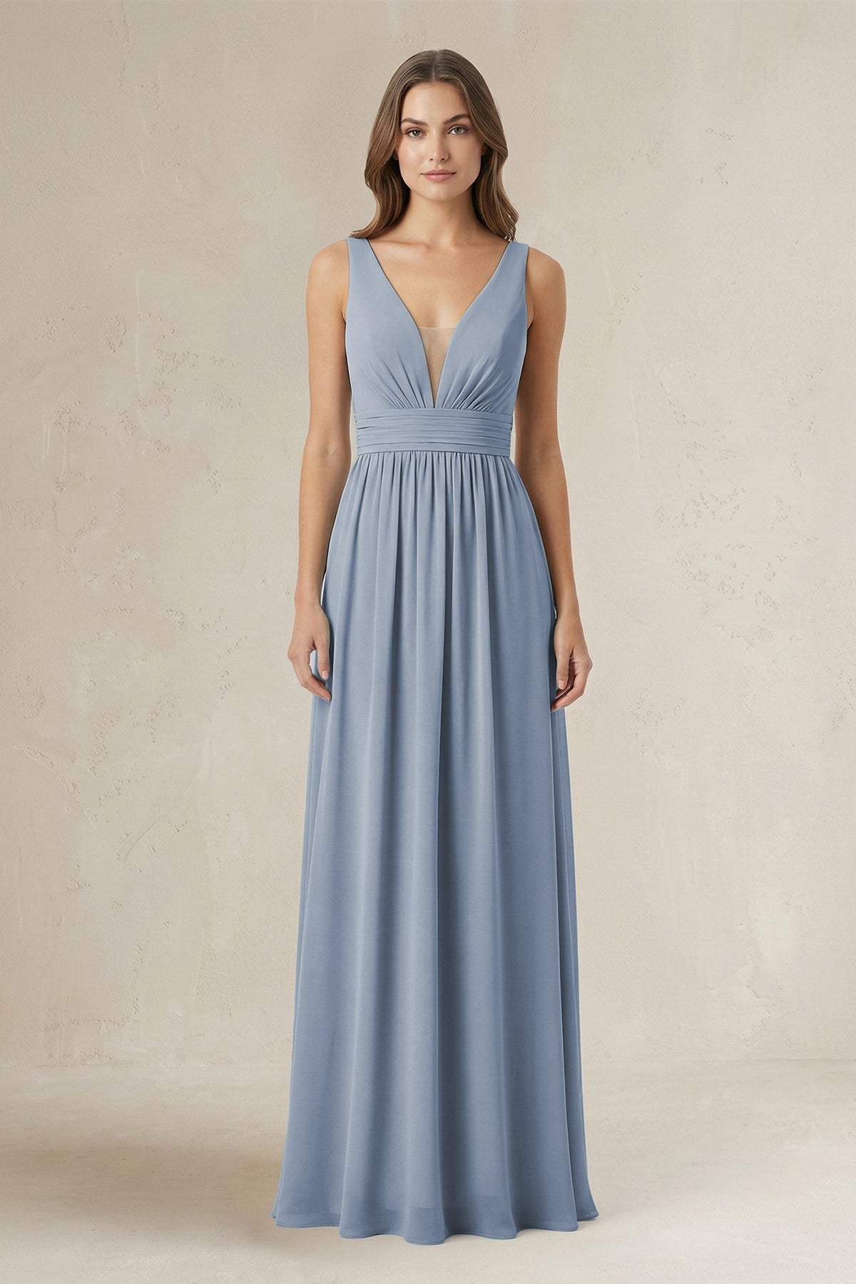 Robe demoiselle d’honneur twilight longue col V sans manches froncée - Harana
