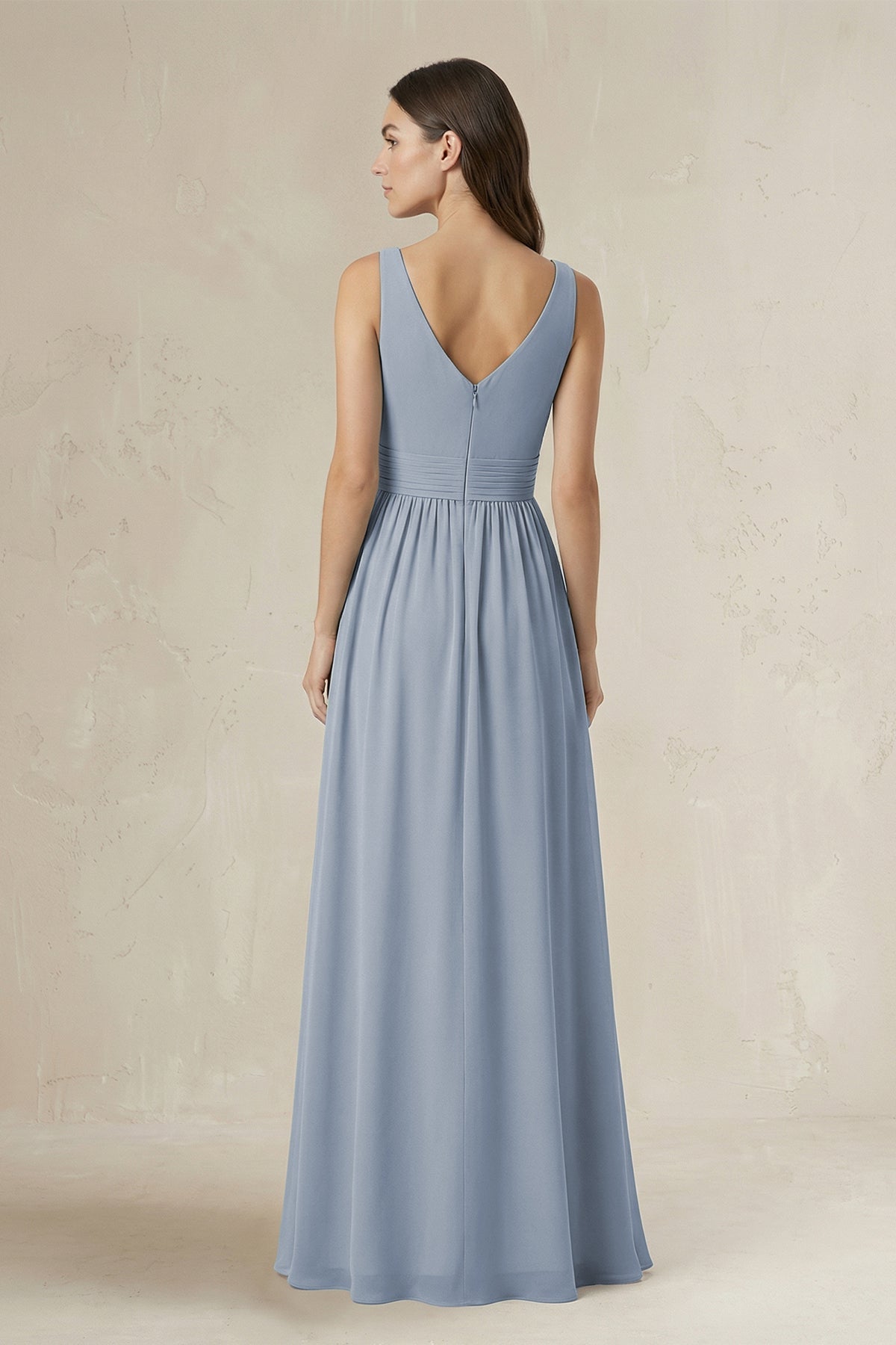 Robe demoiselle d’honneur twilight longue col V sans manches froncée - Harana