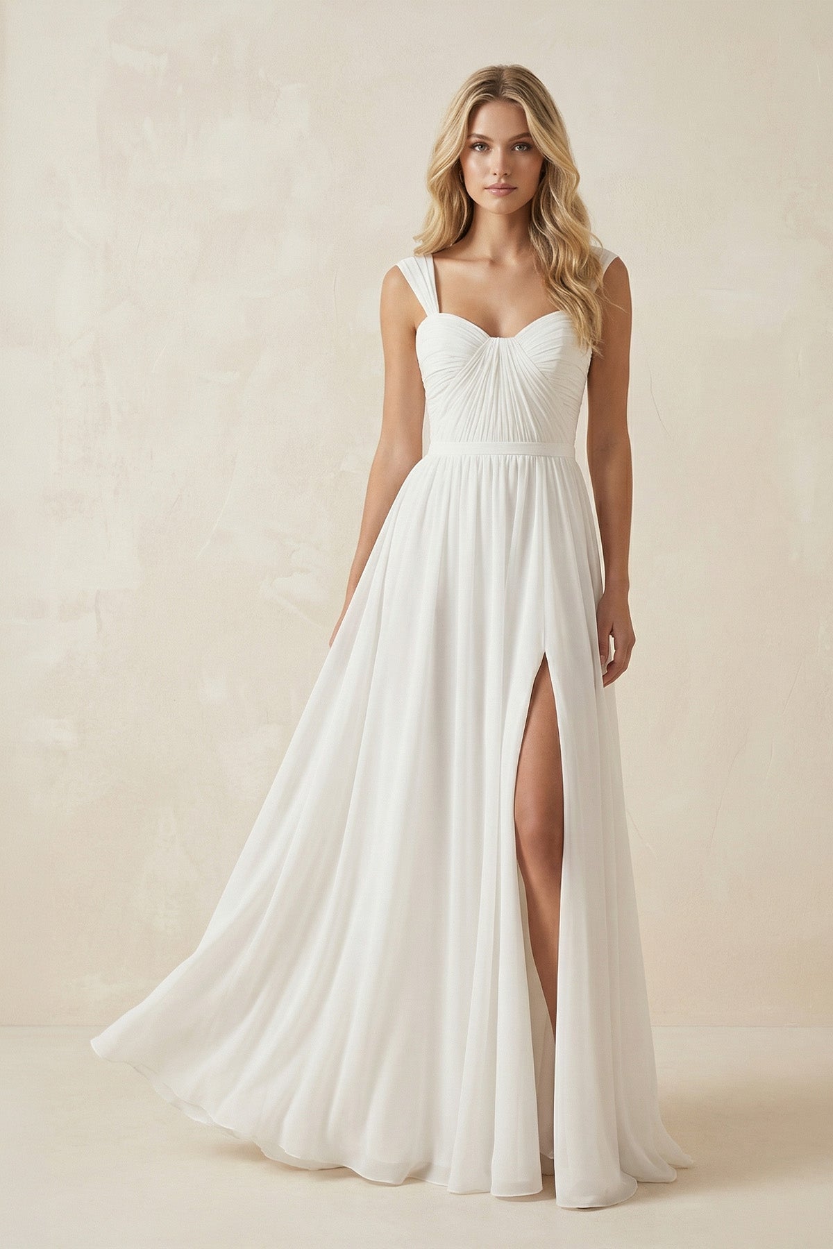 Robe de mariée ivoire trapèze mousseline décolleté cœur avec fente sans manches - Harana