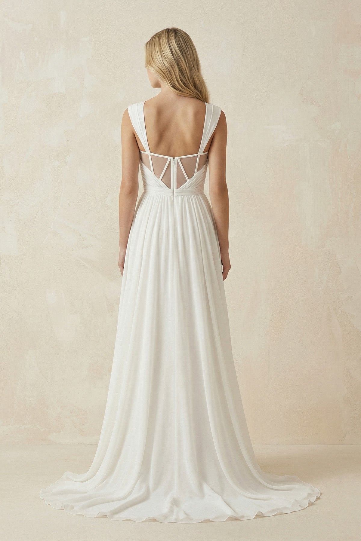 Robe de mariée ivoire trapèze mousseline décolleté cœur avec fente sans manches - Harana