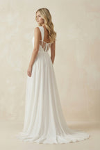Robe de mariée ivoire trapèze mousseline décolleté cœur avec fente sans manches - Harana