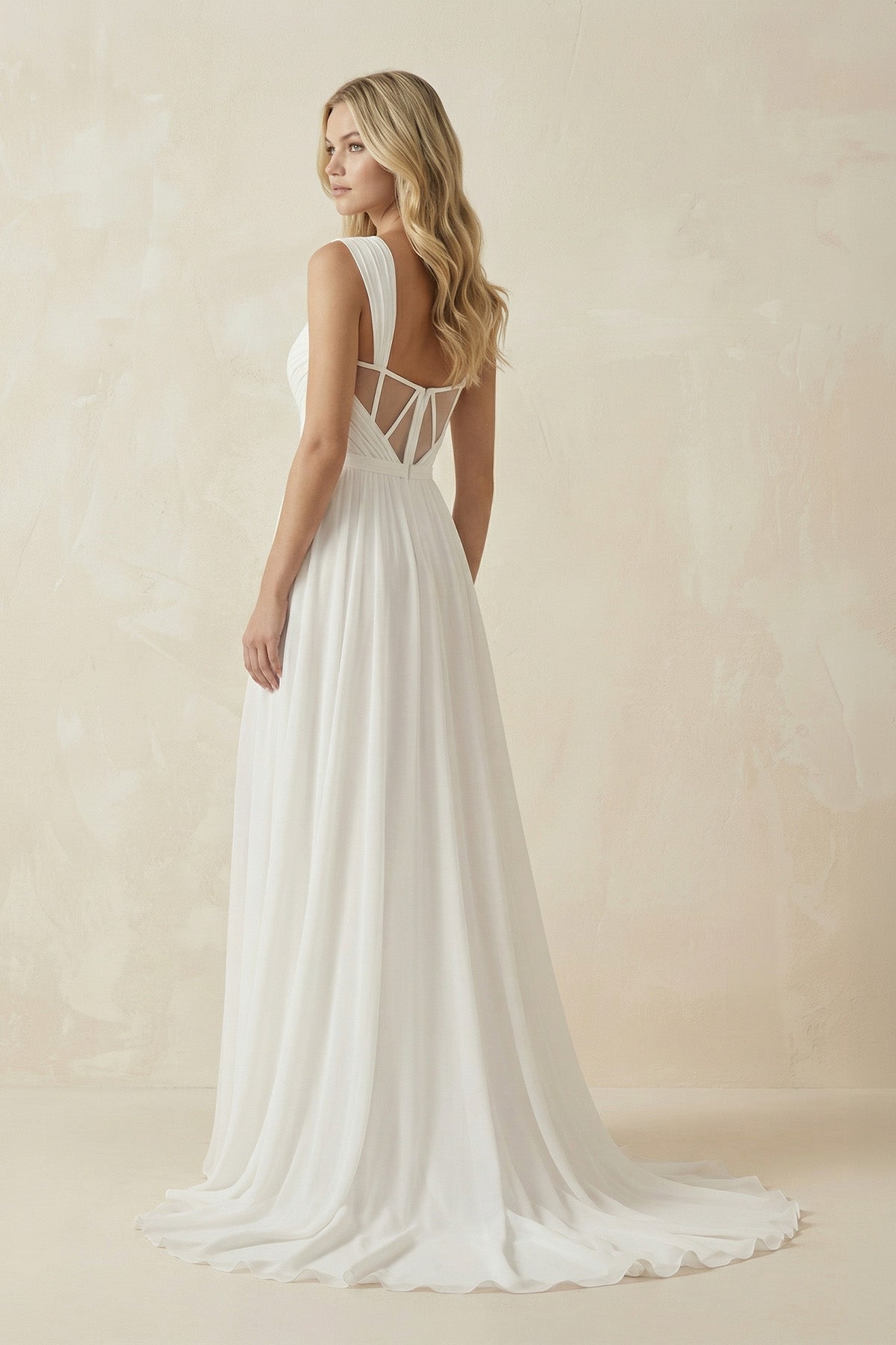Robe de mariée ivoire trapèze mousseline décolleté cœur avec fente sans manches - Harana