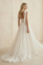 Robe de mariée ivoire en tulle coupe trapèze ornée de sequins avec fente - Harana