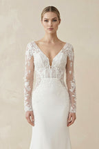 Robe de mariée ivoire en dentelle coupe sirène à manches longues - Harana