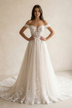Robe de mariée ivoire longue à épaules dénudées sans manches à dentelle - Harana