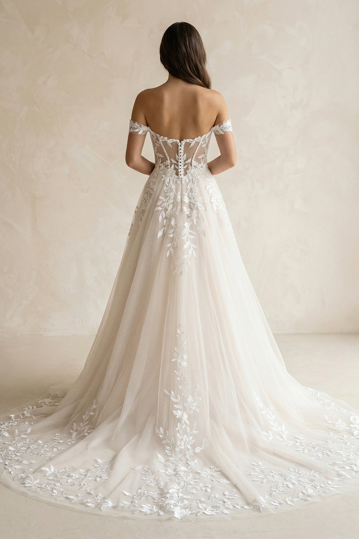 Robe de mariée ivoire longue à épaules dénudées sans manches à dentelle - Harana
