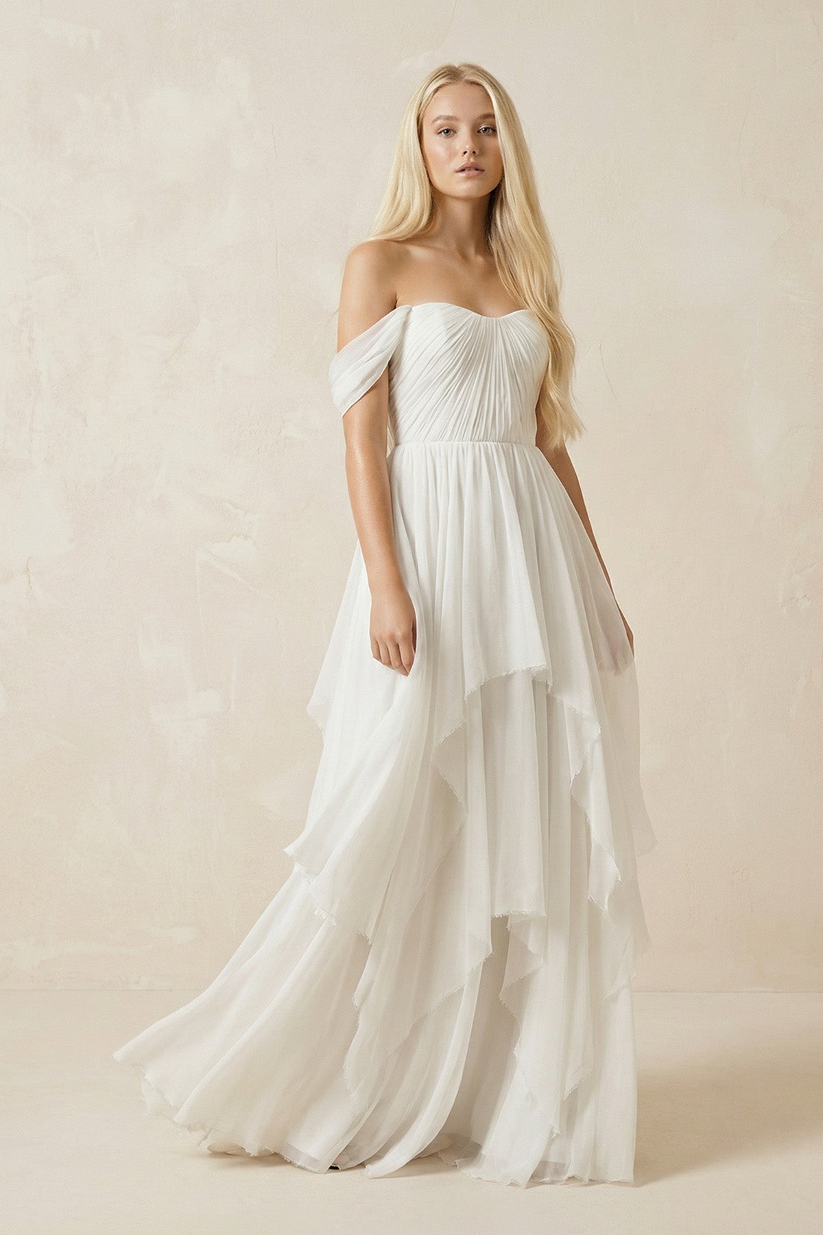 Robe de mariée ivoire trapèze mousseline à corset à volants - Harana