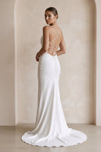 Robe de mariée blanche en satin et dentelle coupe sirène dos lacé - Harana