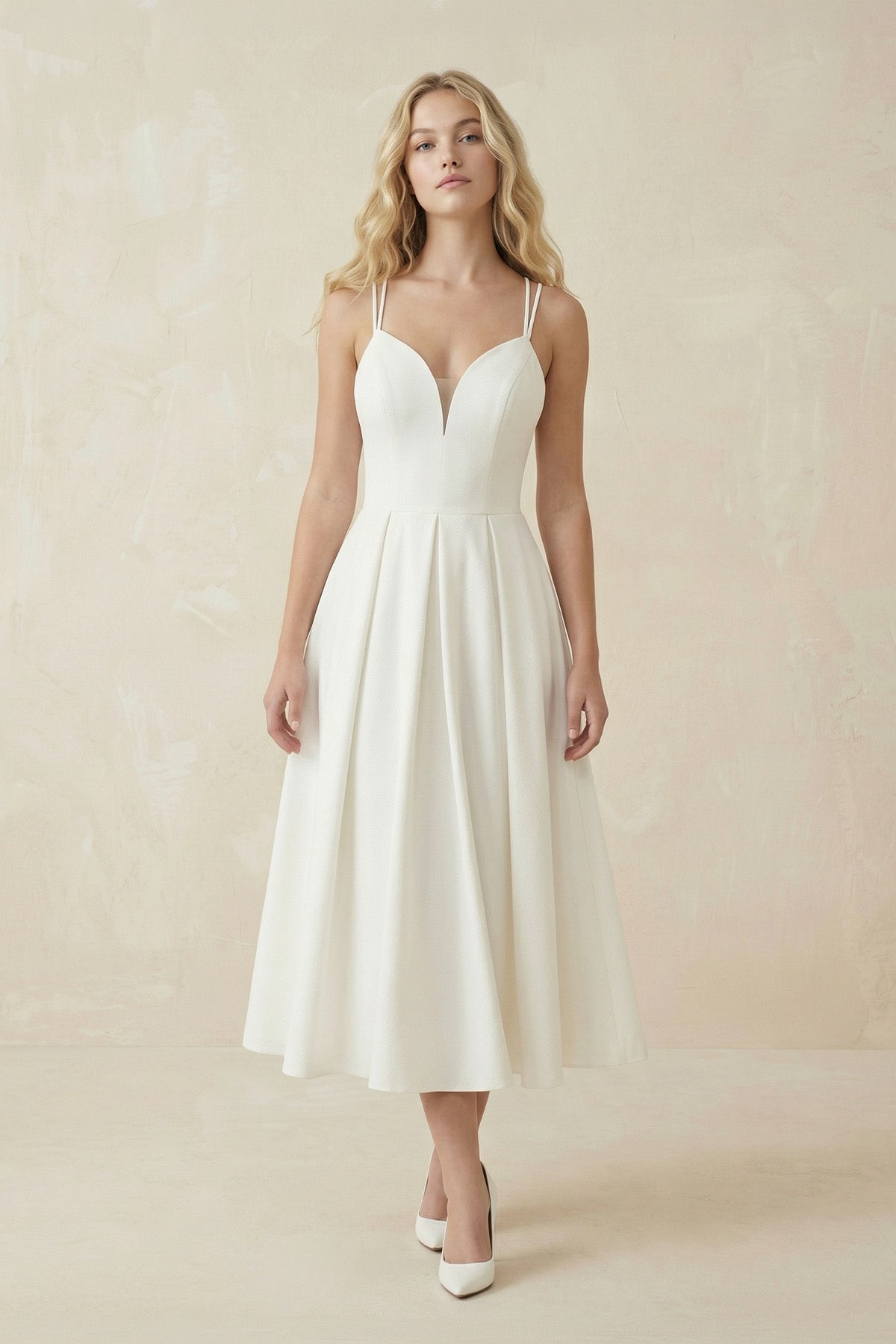 Robe de mariée ivoire midi trapèze satinée à fines bretelles col V - Harana