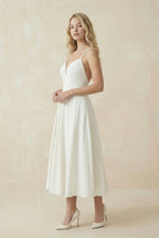 Robe de mariée ivoire midi trapèze satinée à fines bretelles col V - Harana