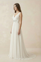 Robe de mariée ivoire trapèze dentelle col V sans manches - Harana