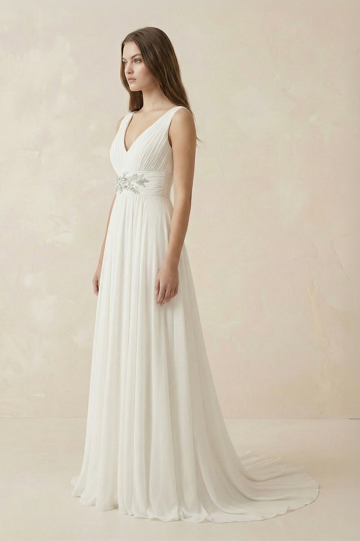 Robe de mariée ivoire trapèze dentelle col V sans manches - Harana
