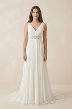 Robe de mariée ivoire trapèze dentelle col V sans manches - Harana