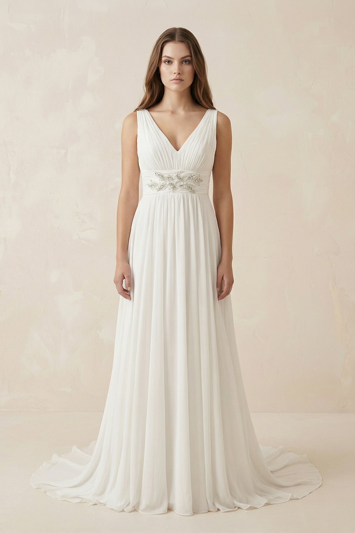 Robe de mariée ivoire trapèze dentelle col V sans manches - Harana