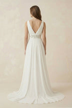Robe de mariée ivoire trapèze dentelle col V sans manches - Harana