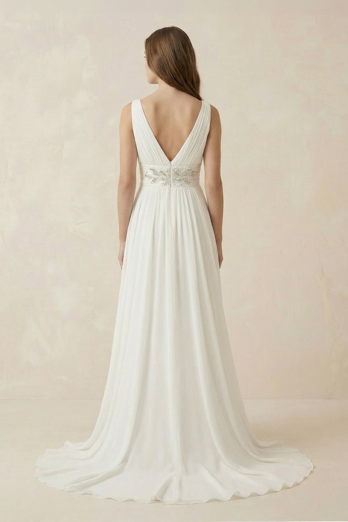 Robe de mariée ivoire trapèze dentelle col V sans manches - Harana
