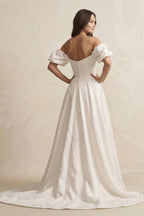 Robe de mariée ivoire trapèze en dentelle à épaules dénudées sans manches - Harana