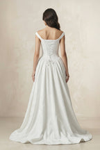 Robe de mariée blanche trapèze en satin à épaules dénudées à corset - Harana