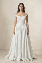 Robe de mariée blanche trapèze en satin à épaules dénudées à corset - Harana