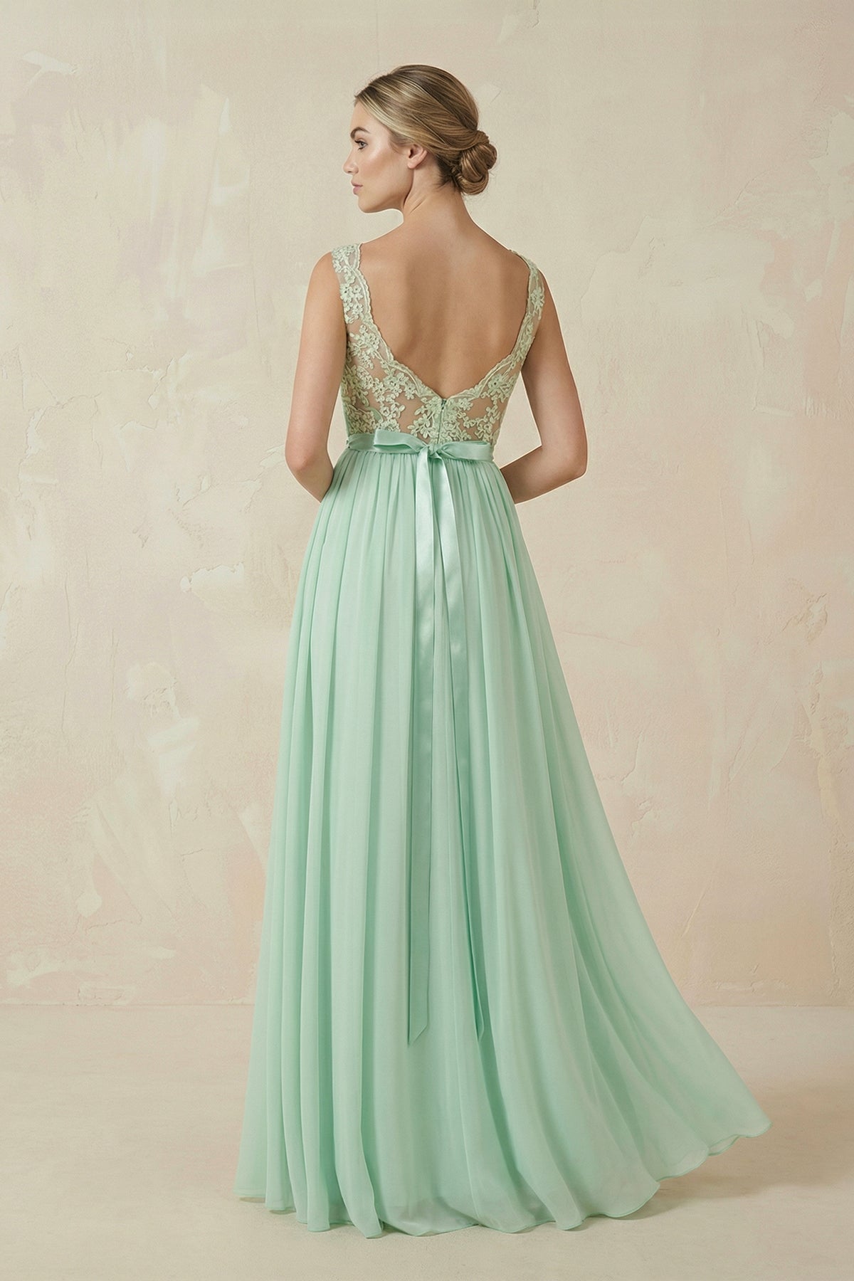 Light pistachio green bridesmaid dress with boat neckline