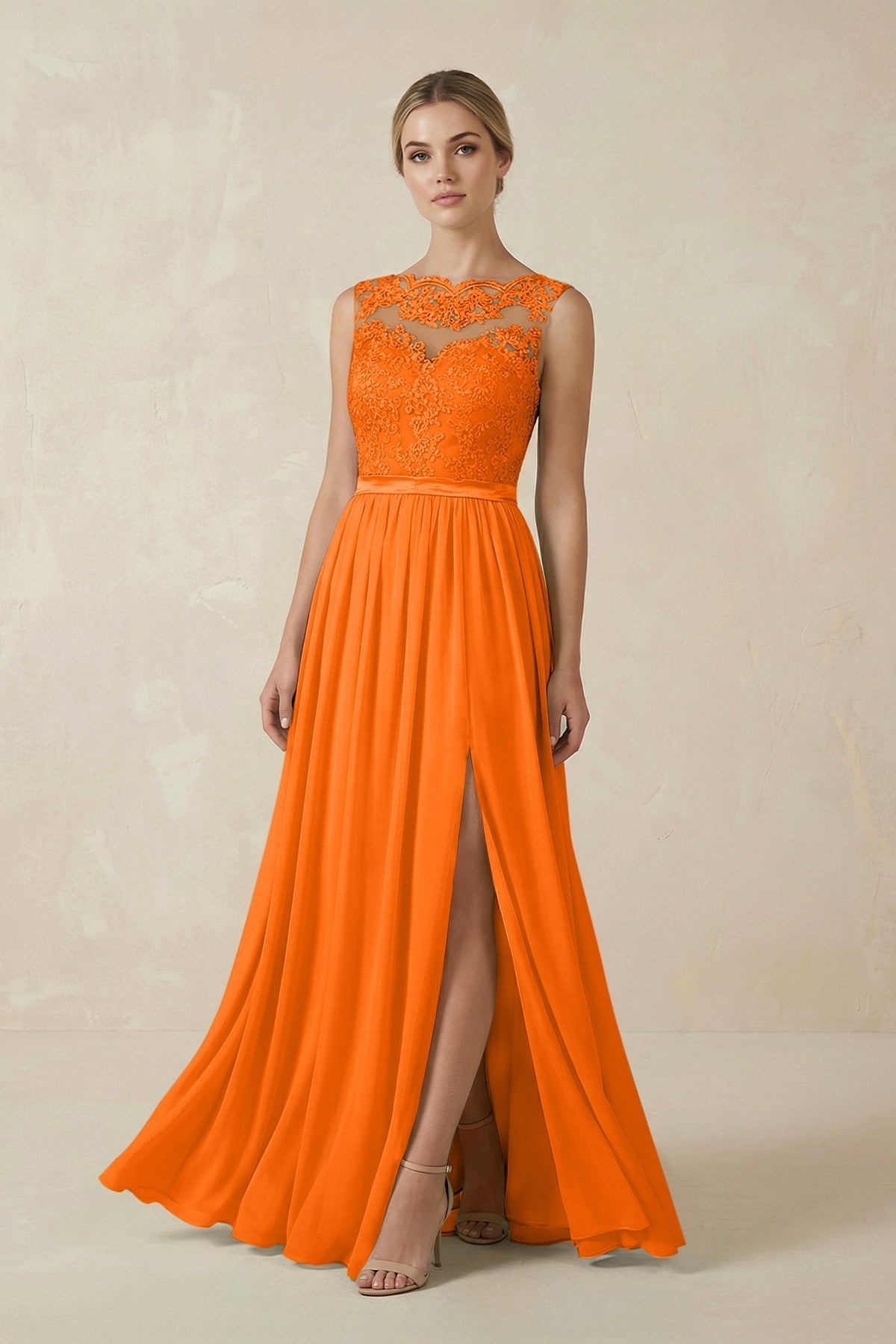 Robe longue orange en mousseline coupe trapèze - Harana