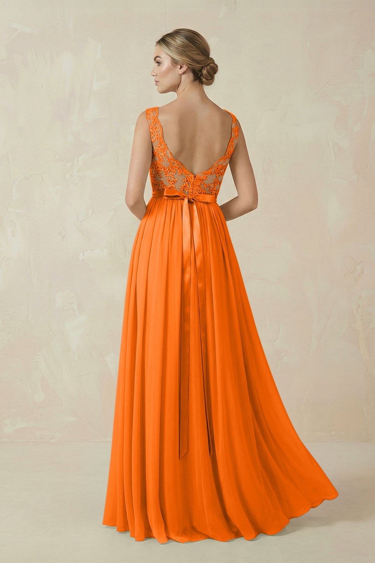 Robe longue orange en mousseline coupe trapèze - Harana