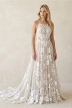 Robe de mariée ivoire trapèze en dentelle sans manches à appliqués - Harana