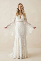 Robe de mariée ivoire trapèze en dentelle à col V manches longues - Harana