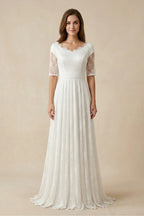 Robe de mariée blanche trapèze en dentelle manches courtes à appliqués - Harana