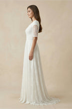 Robe de mariée blanche trapèze en dentelle manches courtes à appliqués - Harana