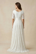Robe de mariée blanche trapèze en dentelle manches courtes à appliqués - Harana