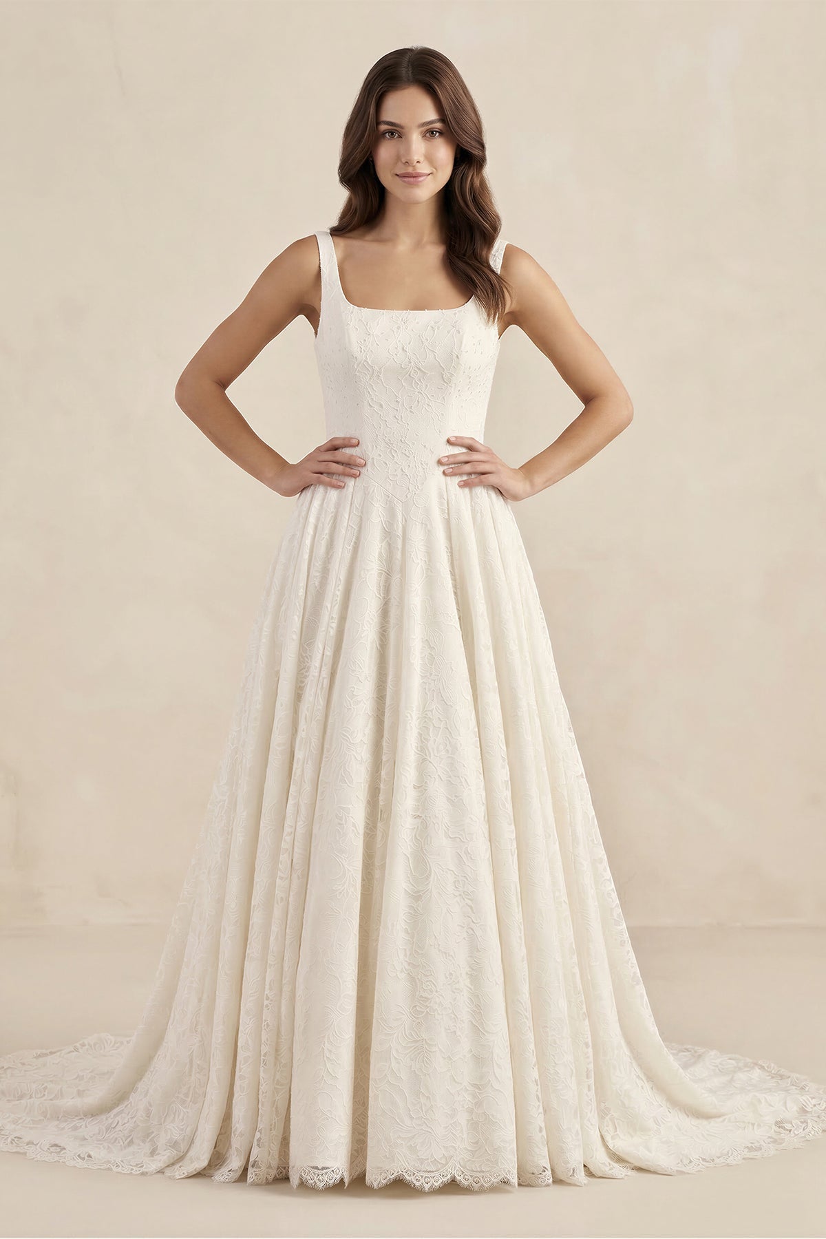 Robe de mariée ivoire trapèze en dentelle sans manches col carré - Harana