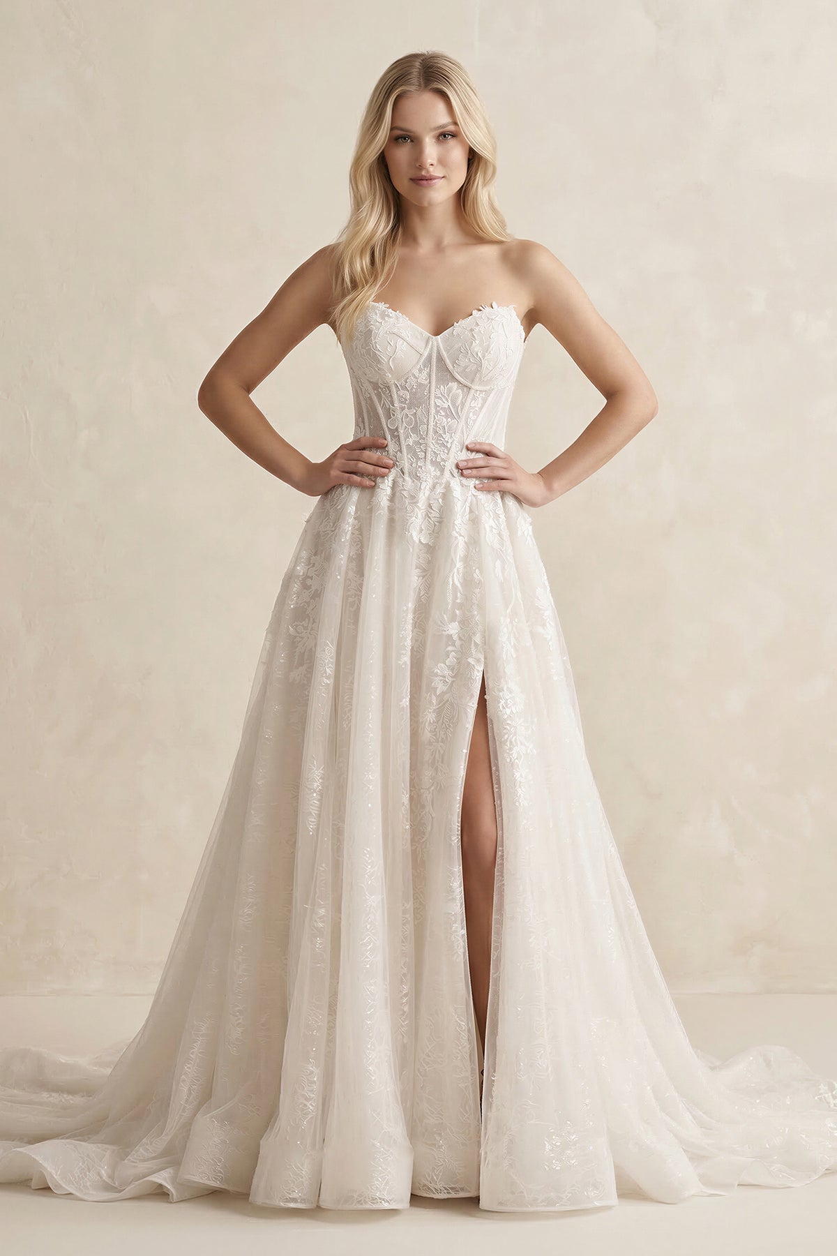 Robe de mariée ivoire trapèze en dentelle décolleté cœur sans manches - Harana