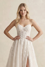 Robe de mariée ivoire trapèze en dentelle décolleté cœur sans manches - Harana
