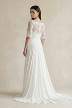 Robe de mariée blanche trapèze en mousseline manches courtes à appliqués - Harana