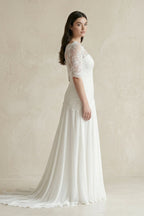 Robe de mariée blanche trapèze en mousseline manches courtes à appliqués - Harana
