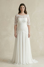 Robe de mariée blanche trapèze en mousseline manches courtes à appliqués - Harana