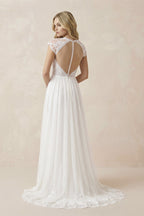 Robe de mariée blanche en tulle et dentelle coupe trapèze à col V et manches courtes - Harana