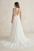 Robe de mariée blanche trapèze en mousseline à épaules dénudées sans manches - Harana