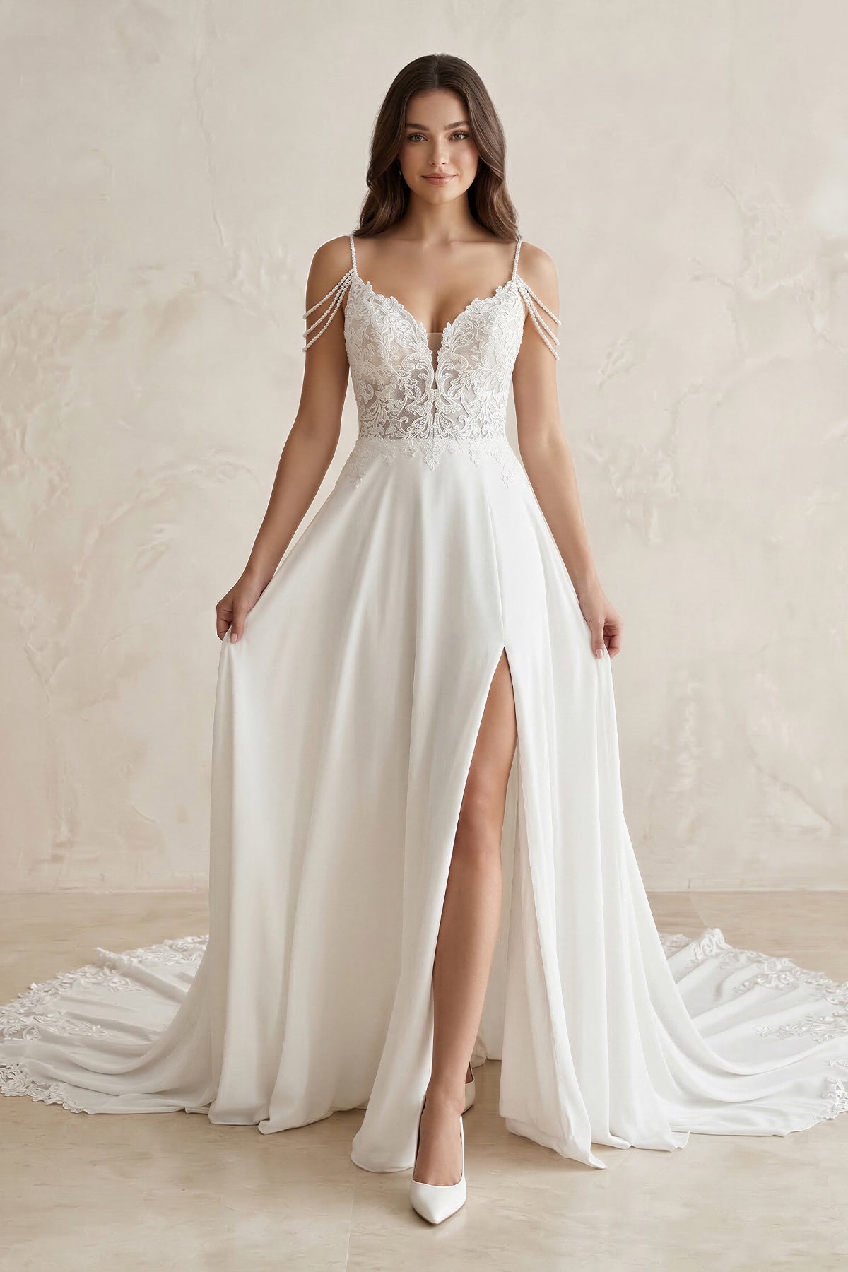 Robe de mariée blanche trapèze en mousseline à épaules dénudées sans manches - Harana