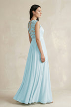 Robe demoiselle d’honneur bleu ciel longue sans manches à dentelle en mousseline - Harana