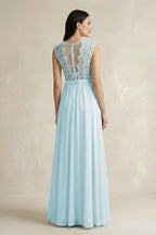 Robe demoiselle d’honneur bleu ciel longue sans manches à dentelle en mousseline - Harana